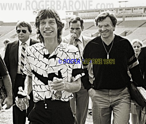 Mick Jagger & Bill Graham Stones press conference JKK stadium philadelphia. © roger barone 1981