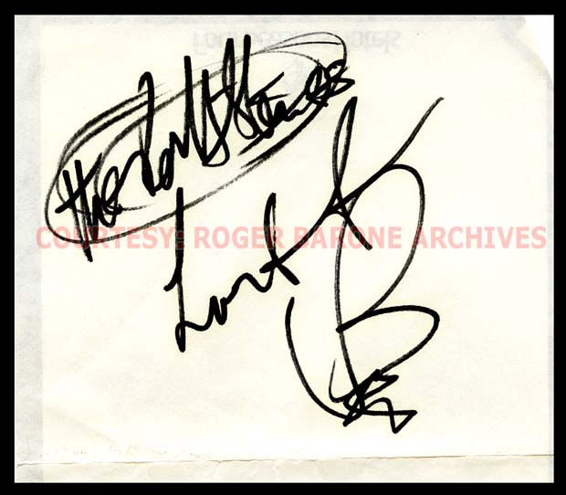 Rolling Stones' drummer Charlie Watts autograph on stationery from the Four Seasons Hotel in Philadelphia august 27, 1989, courtesy roger barone archives
