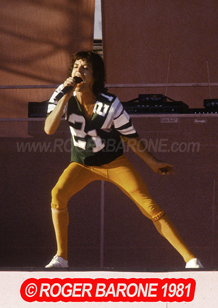 Mick Jagger wearing Philadelphia Eagles football jersey at Veterans Stadium Stones concert. photo by roger barone 9/26/1981