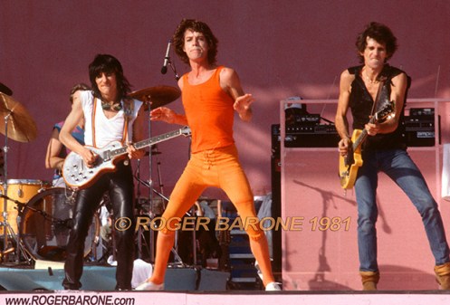 ronnie wood, mick jagger & keith richards rolling stones concert photo from philly © roger barone 1981