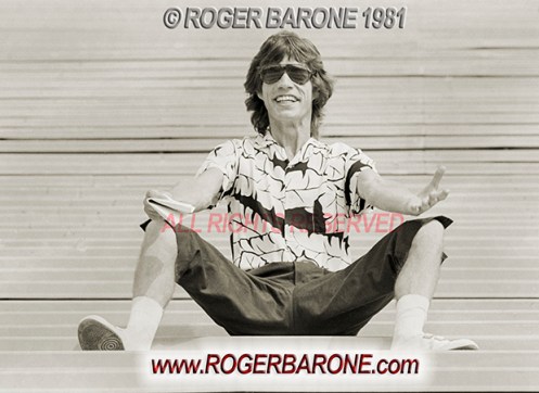 mick jagger posing for photographers at JFK Stadium Rolling Stones press conference 8/26/81 © roger barone