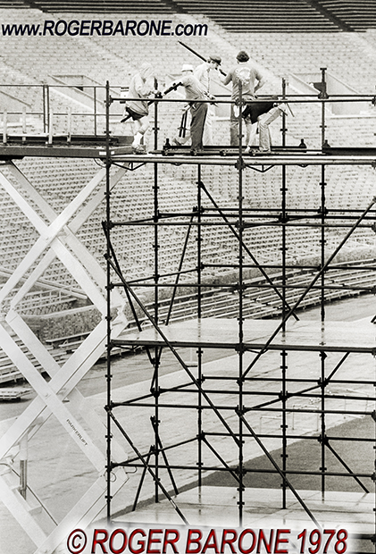 Local IATSE stagehands setting up Rolling Stones stage in JFK Stadium Philly (6/12/78) © roger barone