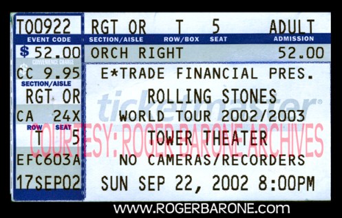 stones_tower_ticket_stub_web rolling stones rare ticket stub Towe Theater Upper Darby (9/22/02) photo by roger barone