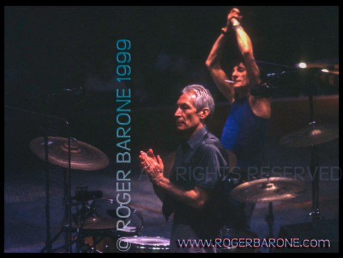 Rolling Stones, Charlie Watts & Ronnie Wood performing First Union Center 1999 photo: roger barone