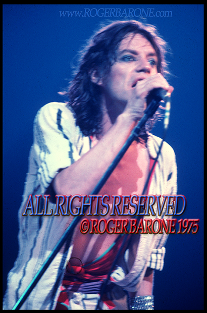 Mick Jagger singing with the Rolling Stones at the Spectrrum Arena in Philadelphia. June 29, 1975. © roger barone 1975