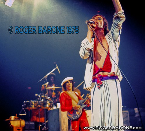 Mick Jagger and Ronnie Wood of the Rolling Stones performing at Spectrum Arena June 29, 1975. photo © roger barone 1975