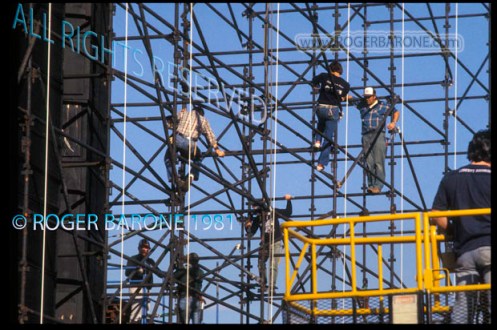 Philadelphia stageshands preparing the Rolling Stones "Tattoo You" Tour stage at JFK Stadium, Sept 24, 1981 © Roger Barone 1981