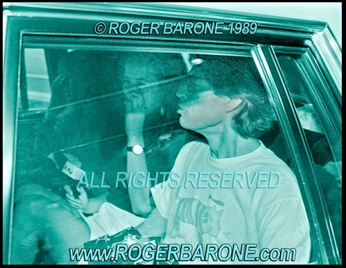 Rolling Stones Mick Jagger and daughter Jade leaving Philly hotel. © roger barone 1989 