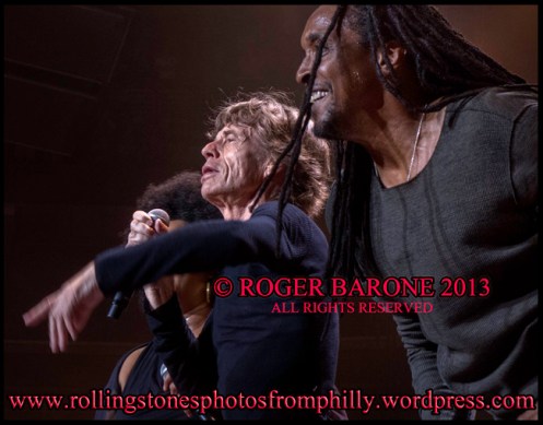 Mick Jagger & Bernard Fowler singing Rolling Stones Wells Fargo Center, philly, © roger barone 2013