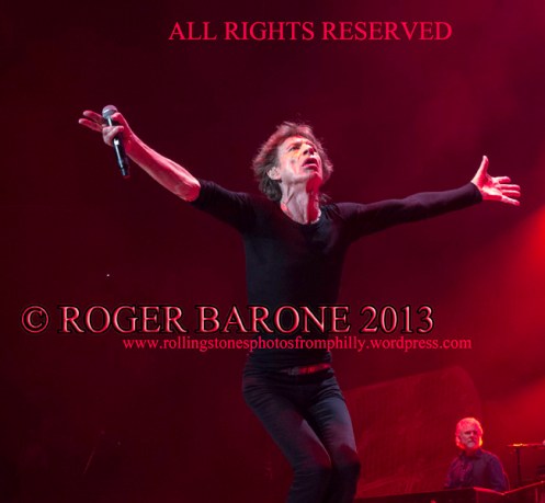 Mick Jagger red lights looking up Wells Fargo Center, June 23, 2013