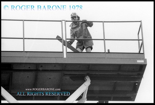 Electric Factory Concerts Stage Manager Joe Celia directs construction of Rolling Stones stage at JFK Stadium June 12, 1978