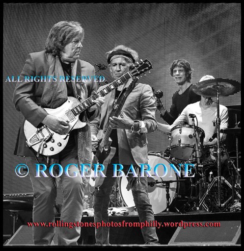 Mick Taylor, Keith Richards and Mick Jagger performing at Wells Fargo Center in Philly, June 21, 2013, photo by roger barone