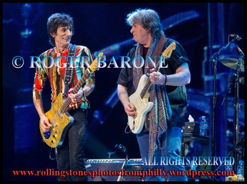 Rolling Stones' guitarists, Ronnie Wood, left, and Mick Taylor, performing "Satisfaction" at the Wells Fargo Center, june 21, 2013© Roger Barone 2013