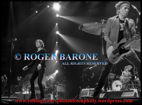 Rolling Stones, Mick Jagger, left, and Keith Richards performing "Jumping Jack Flash" at the Wells Fargo Center, June 21, 2013 © Roger Barone