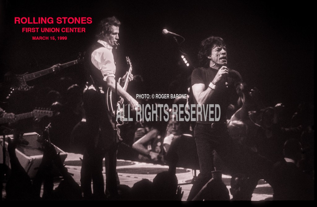 Mick Jagger and Keith Richards performing at First Union Center in Philadelphia. March 15, 1999. photo by roger barone